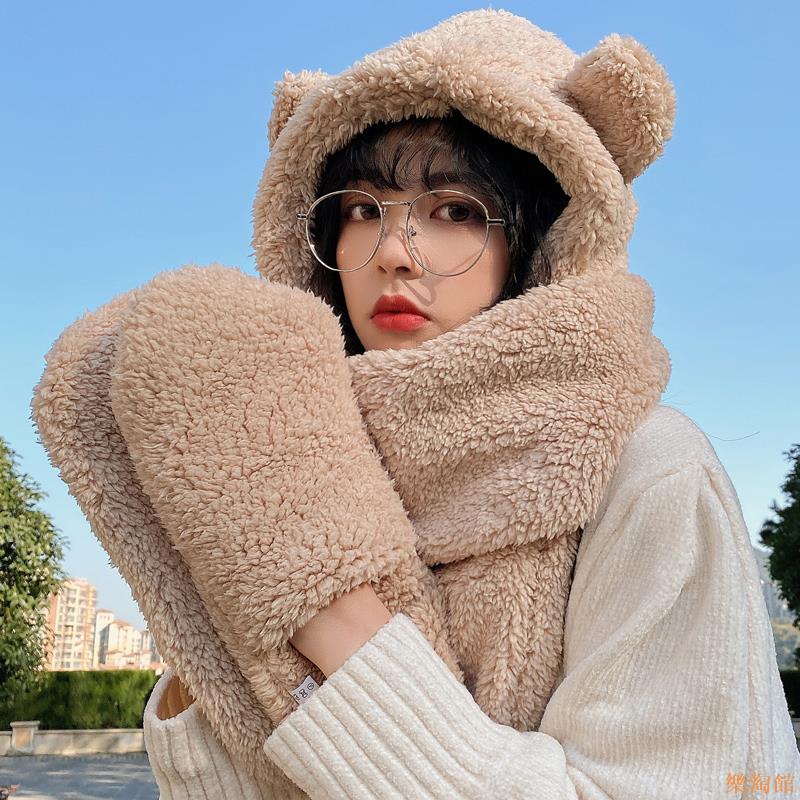 小熊帽子圍巾一體女秋冬季百搭2023年爆款可愛保暖連帽毛絨三件套