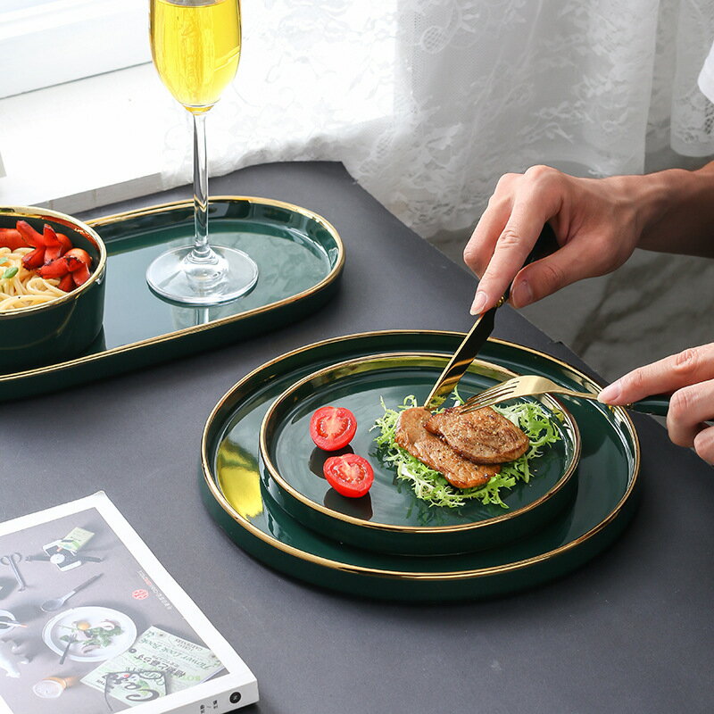 盤子北歐網紅ins風輕奢祖母綠金邊餐具套裝組合西餐盤牛排盤家用