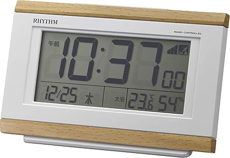 RHYTHM 【日本代購】鬧鐘電波時鐘電子音鬧鐘溫度濕度日曆六曜帶燈淺棕色8.9x13.5x4.4cm 8RZ161SR07