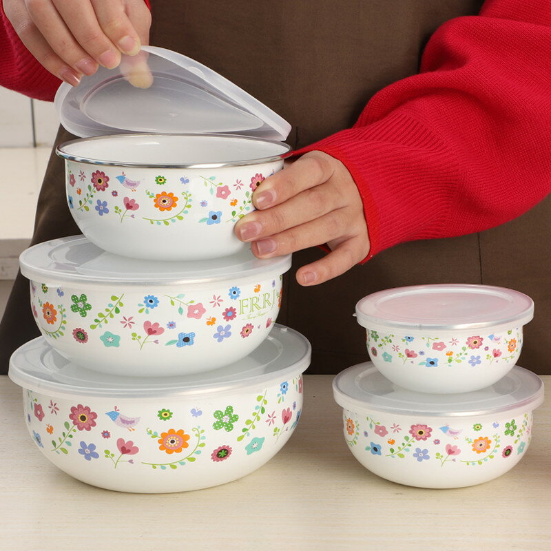 琺瑯瓷保鮮碗搪瓷帶蓋碗5件套裝水果碗裝飯碗便當盒泡面碗密封蓋