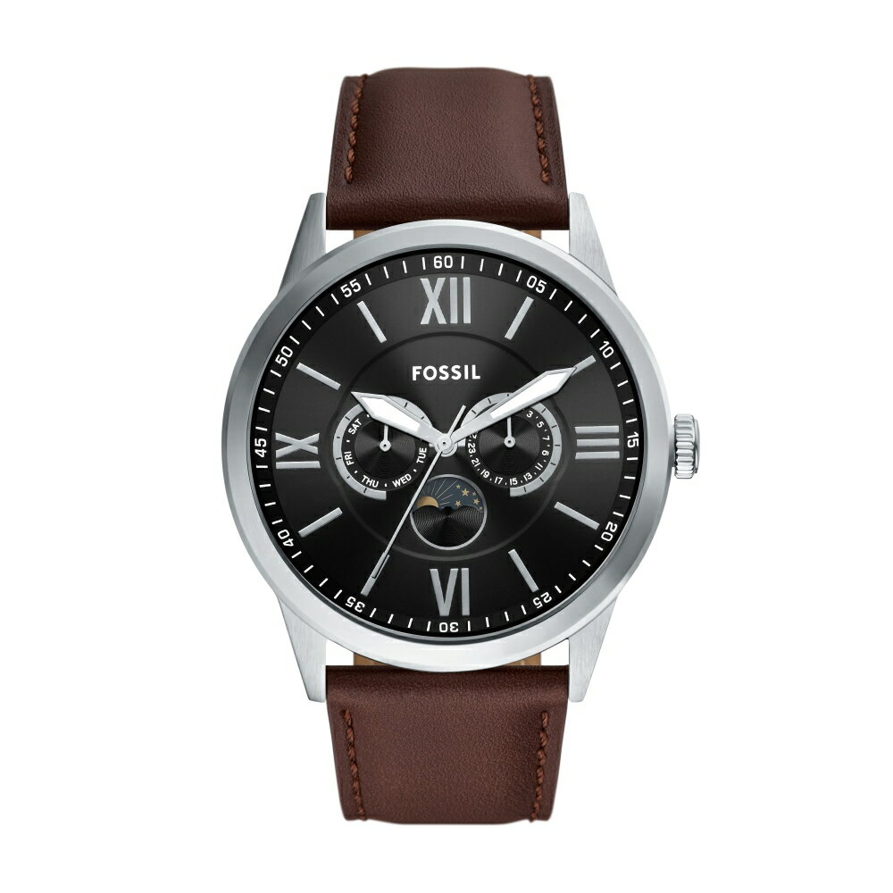送禮首選★FOSSIL Flynn 日月星辰神秘黑三眼紳士皮革腕錶 BQM7086   附提袋