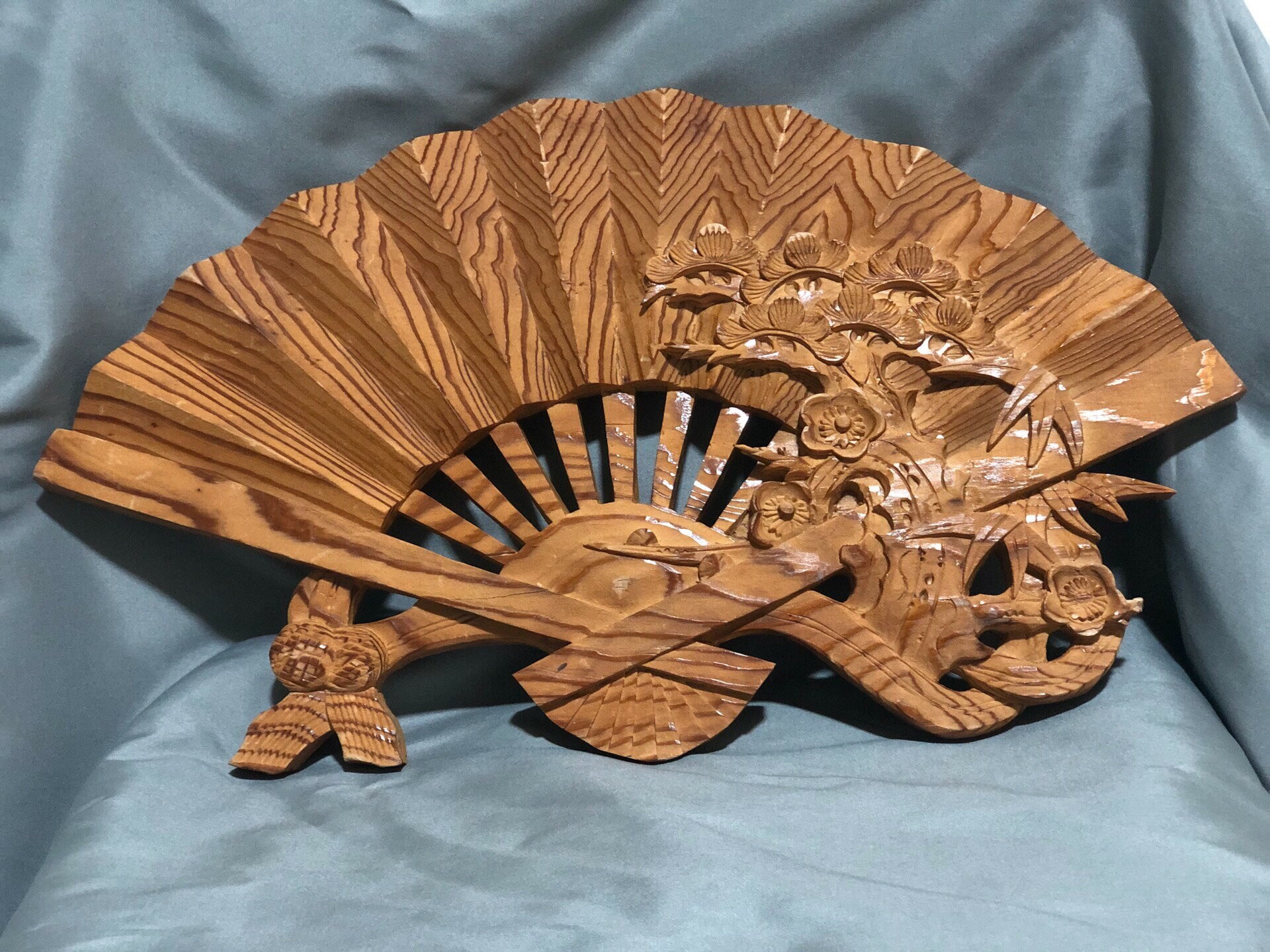 日本中古迴流珍貴名木/屋久杉/整木雕件擺飾/壁掛 手工雕刻扇