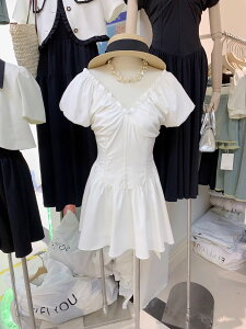 韓國夏裝甜美氣質V領收腰顯瘦短袖連身裙子洋裝女