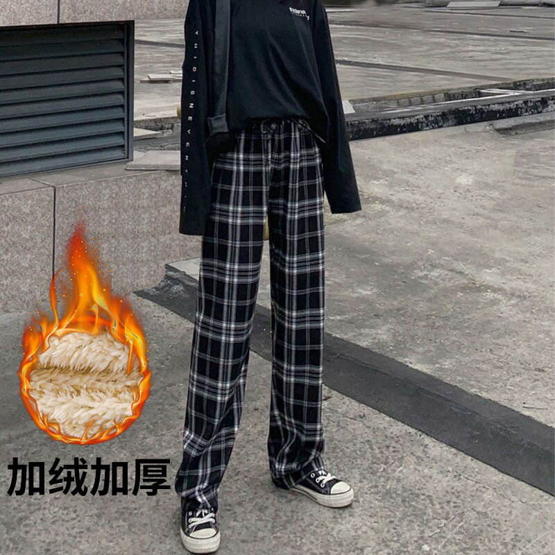 現貨~加絨加厚格子褲 黑格子