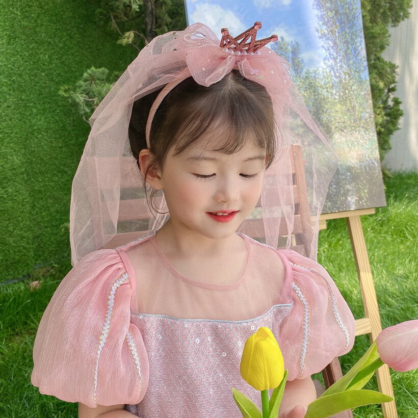 兒童皇冠頭紗女童蝴蝶結發箍艾莎公主冰雪奇緣女寶寶發卡頭飾頭箍