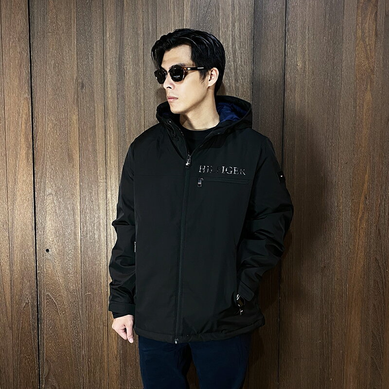 美國百分百【全新真品】Tommy Hilfiger 防風外套 連帽 TH 外套 保暖 內鋪棉 logo 夾克 黑色 CY70