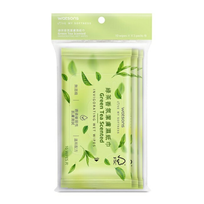 屈臣氏綠茶香氛潔膚濕紙巾10片3包
