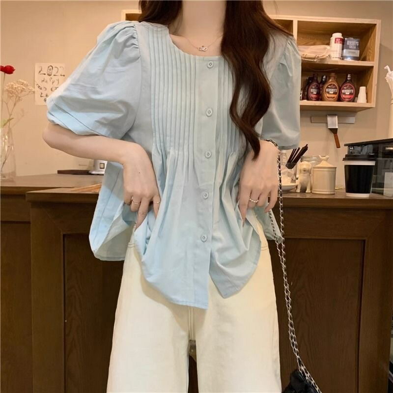 FUXI 娃娃衫女 短袖襯衫 復古溫柔風泡泡袖單排扣襯衫 寬鬆上衣 短袖上衣 女裝 衣服