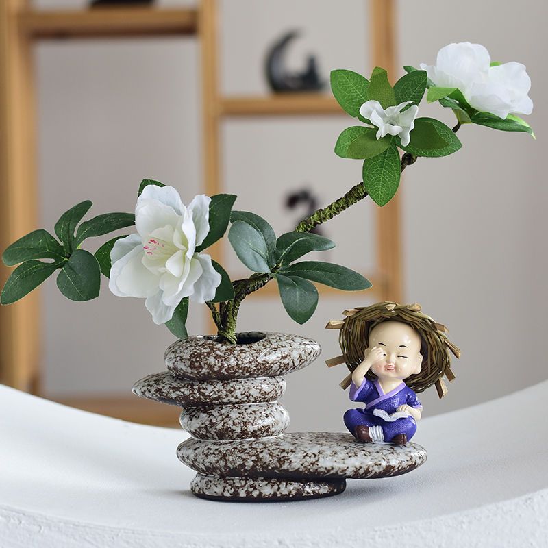 創意模擬石頭陶瓷水培花插小和尚茶寵擺件中式客廳桌面家居裝飾223-YJ 公司貨
