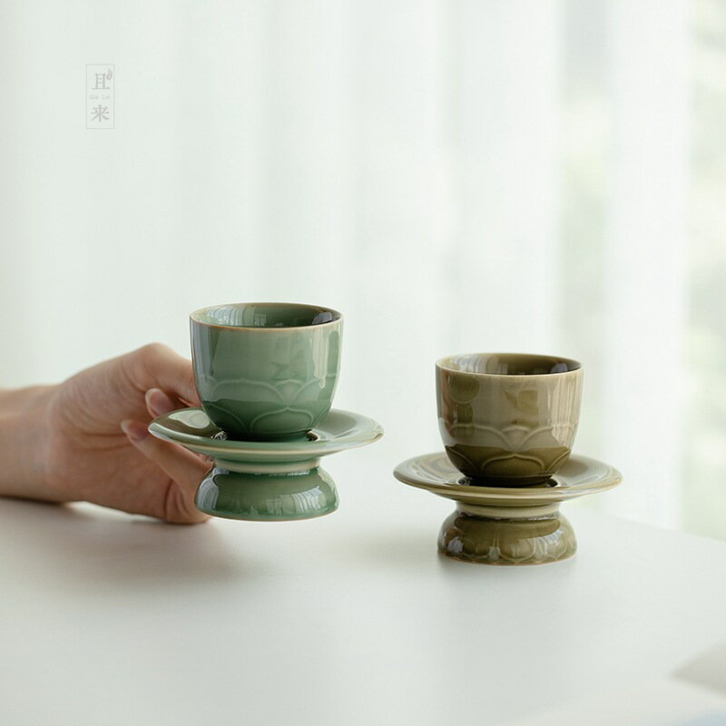 且來越窯青瓷茶杯杯墊組合仿宋茶杯復古蓮花茶盞品茗杯家用陶瓷瓷