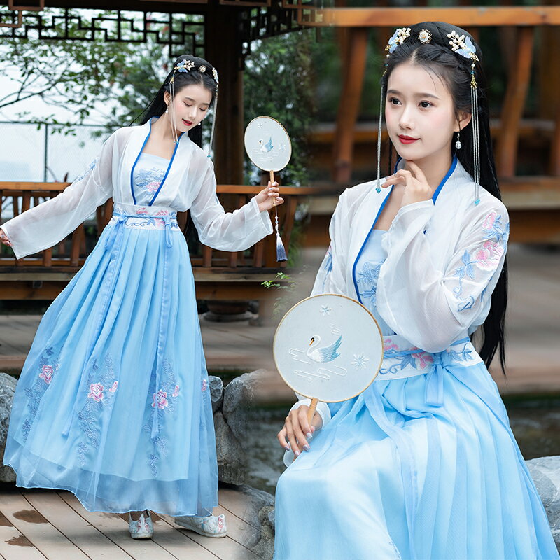 中國風改良漢服女裝傳統刺繡短背心吊帶搭配褙子襦裙三件套表演服1入