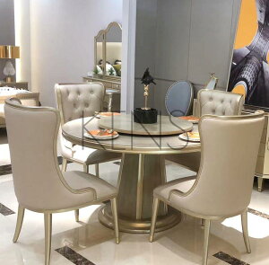 【滿599免運】餐桌 餐檯 茹森 美式輕奢現代簡約1.3米香檳色圓桌餐桌餐椅別墅整套家具