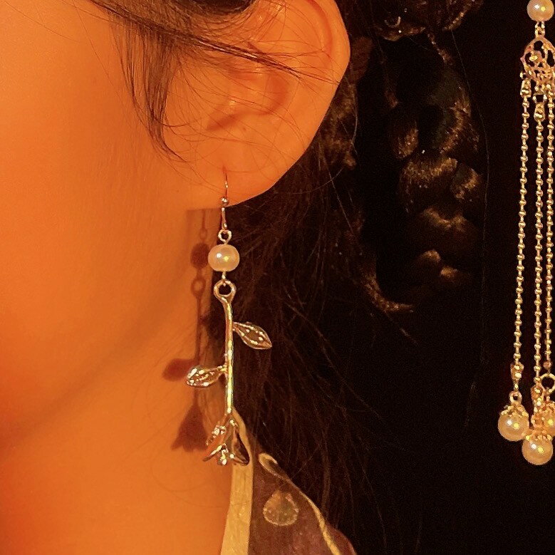 念念桃花玫瑰耳環原創復古小眾設計耳勾國風花卉鍍金耳飾珍珠耳墜
