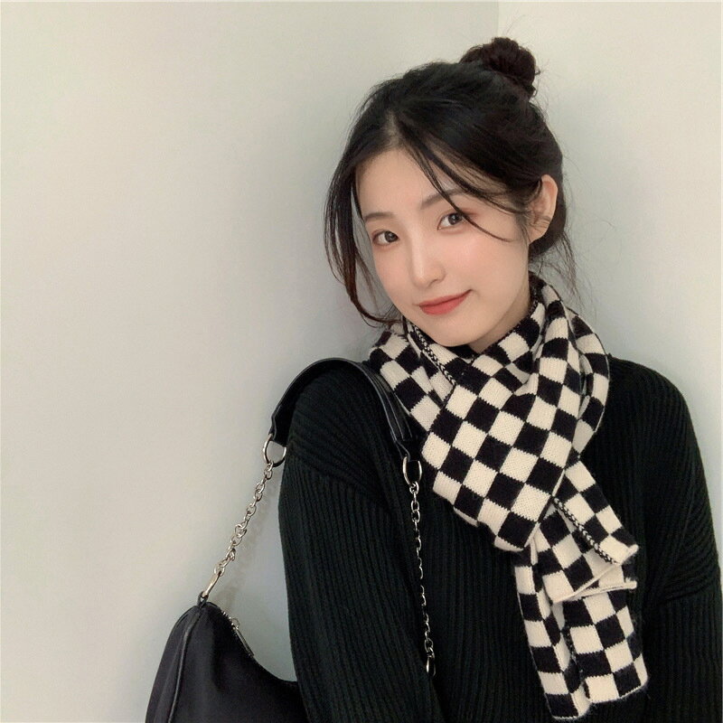 柔軟款黑白棋盤格子韓版針織毛線圍巾女秋冬季保暖學生百搭圍脖男