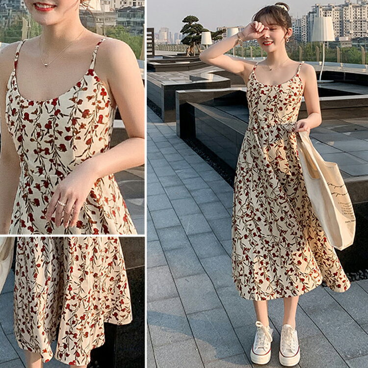 韓版碎花吊帶洋裝 吊帶連衣裙 甜美洋裝 洋裝 碎花連身裙 休閒連身裙 春天洋裝 背心連身裙 收腰 【1354F】 1