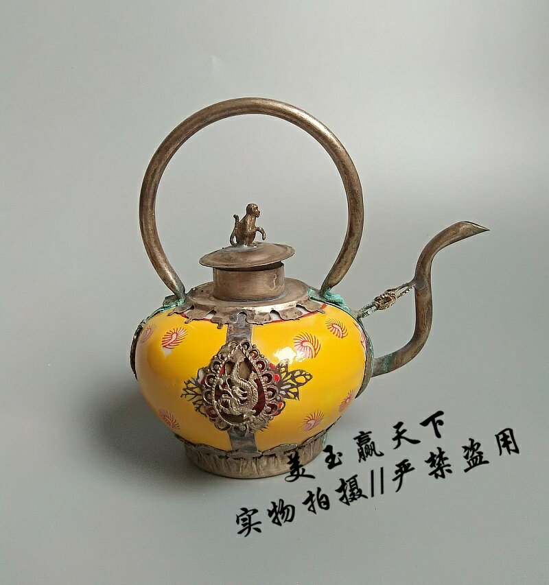 促銷仿古古玩瓷器古董水壺雜項擺件瓷壺酒壺工藝品 簍空包銀茶壺