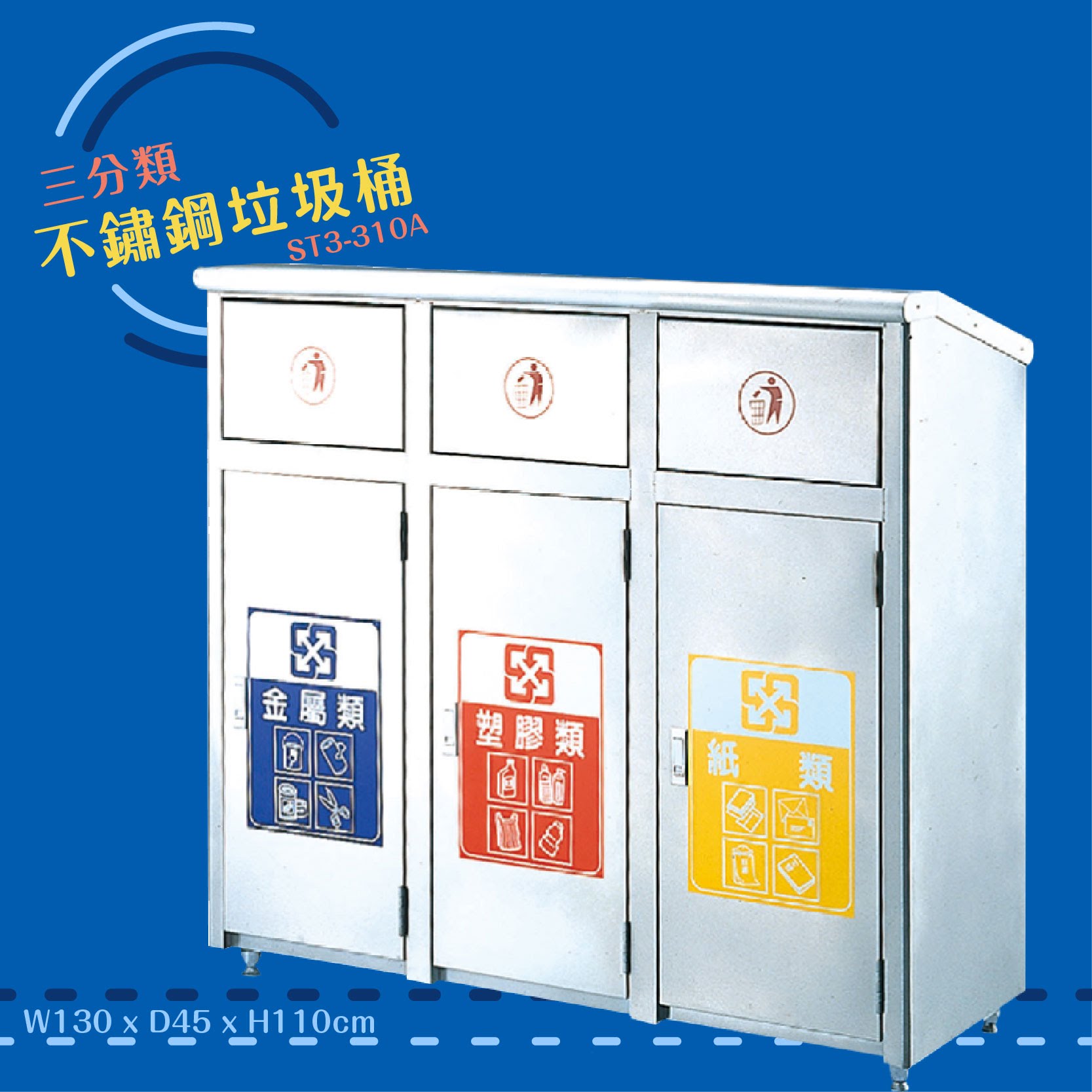 公共清潔➤ST3-310A 不鏽鋼三分類桶(推板式) 附不鏽鋼內桶 垃圾桶 垃圾筒 分類桶 回收箱 資源回收桶 百貨社群