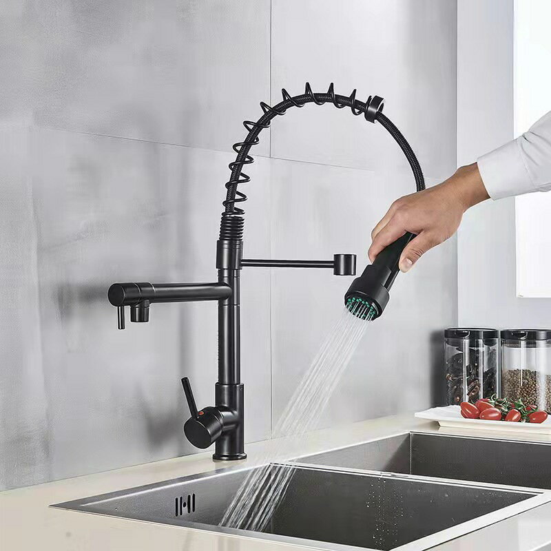 彈簧抽拉冷熱水龍頭廚房水槽高壓雙出水洗菜盆可旋轉龍頭