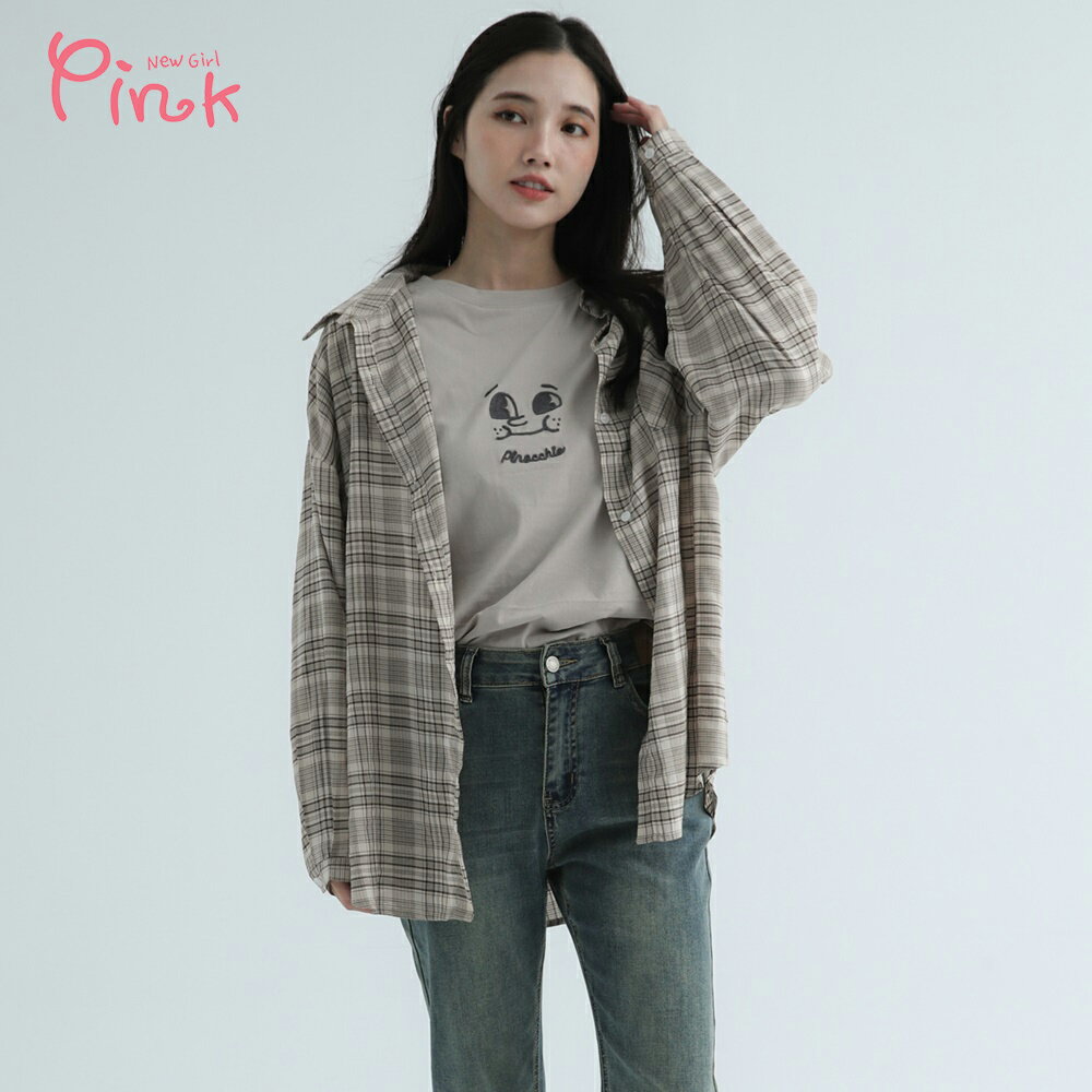 Pink*休閒格紋長袖襯衫 X2203CC