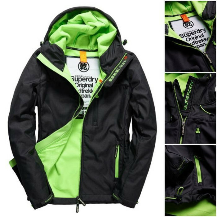 跩狗嚴選 極度乾燥 Superdry Trekker 連帽 刷毛 太空棉 彈性材質 風衣 外套 深灰 螢光綠
