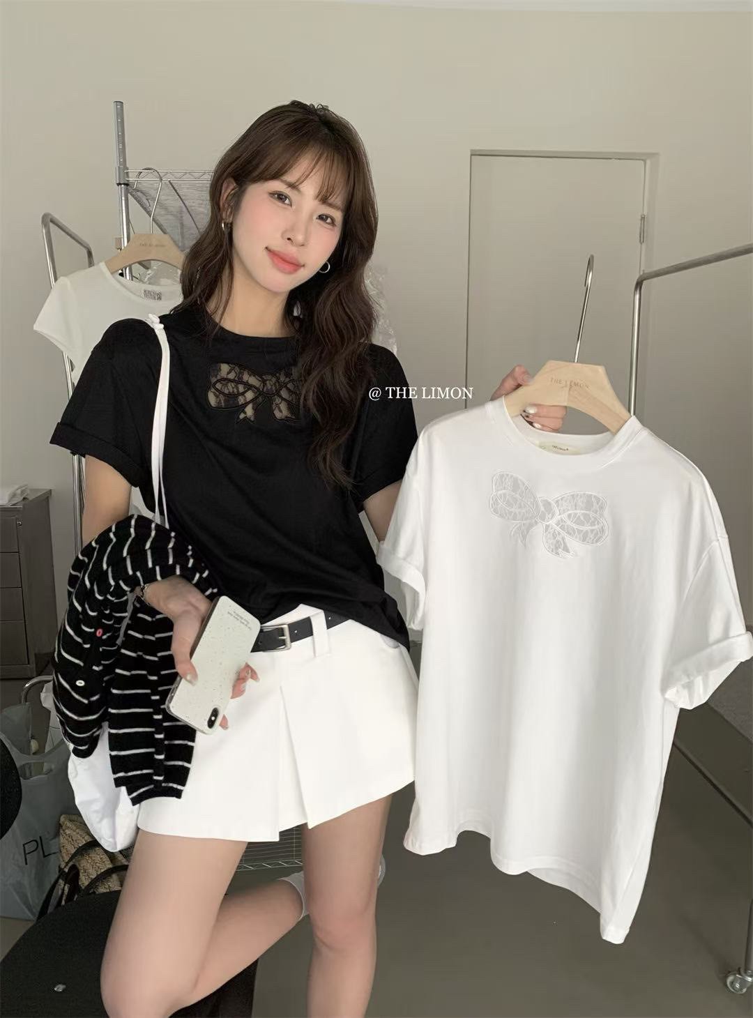 簍空蝴蝶結蕾絲T-2色   【B393170】