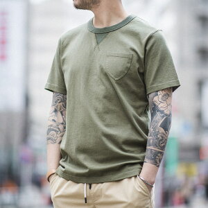 馬登工裝 日系復古軍綠色t恤簡約圓領口袋短袖阿美咔嘰純色體恤男