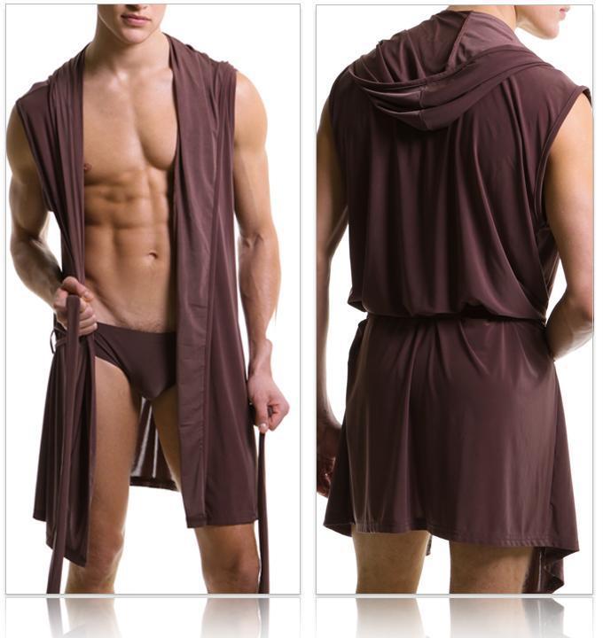 男士浴袍 歐版無袖絲滑超薄家居服純色大碼睡衣 青年性感睡袍加長