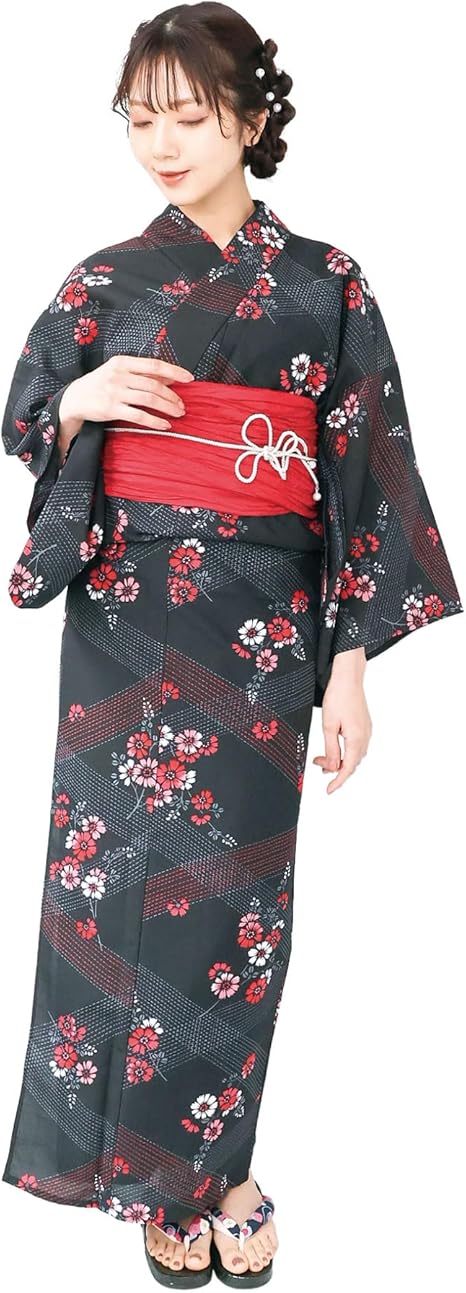 ON Nishiki【日本代購】吸水速乾浴衣2件套浴衣+腰帶女士成人用量身裁剪結帶兵兒帶煙火大會復古現代日式花紋-月影花車