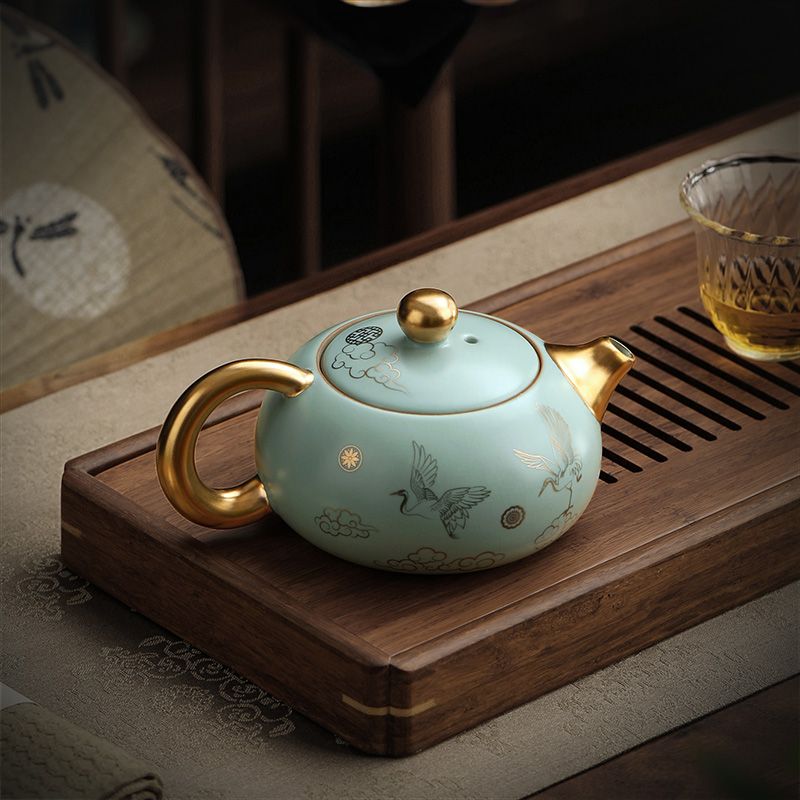 工廠直銷 免運 茶壺 紫砂壺 功夫茶具扁西施壺汝窯仙鶴陳培明大師單個泡茶茶壺陶瓷仿古高檔特惠/可開發票Z1017