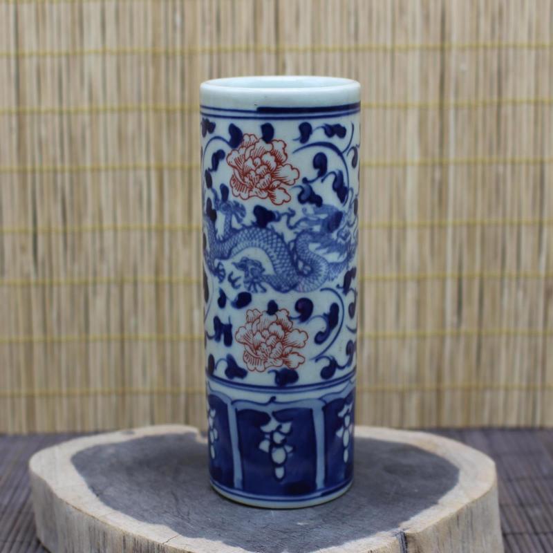 特價清乾隆青花釉裡紅龍紋筆筒 手工仿古瓷器 文房擺件古玩收藏1入
