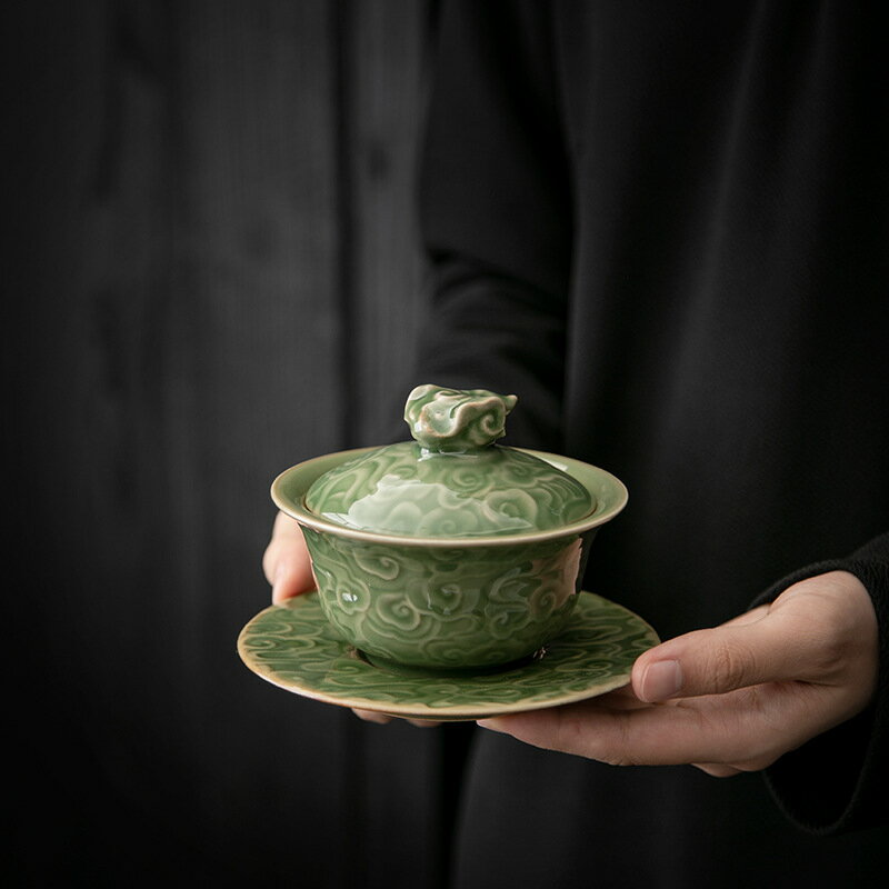 復古青瓷蓋碗大號泡茶杯家用功夫茶具茶碗經常杯越窯青手抓壺