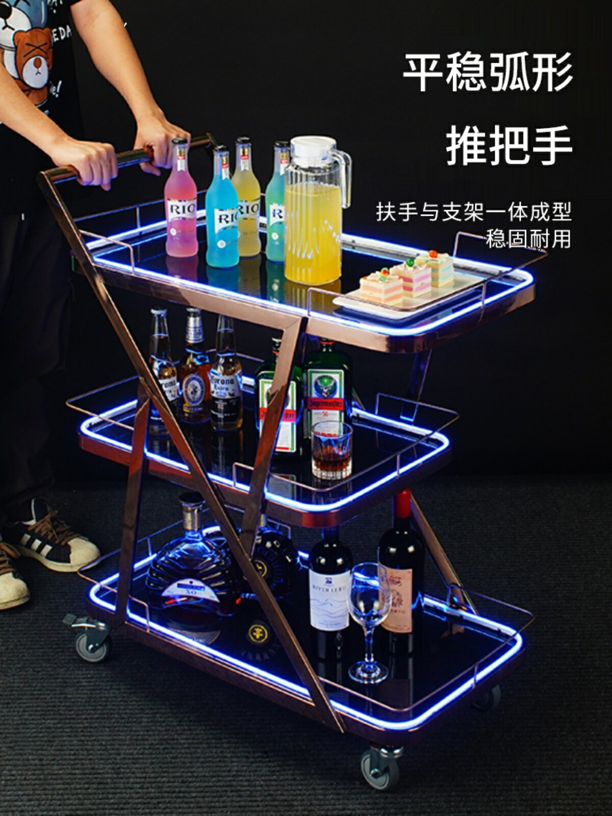 含運 酒店移動餐車酒水車推車 多功能豪華帶燈七彩燈光餐車蛋糕車酒水車點心車酒店KTV酒吧推車