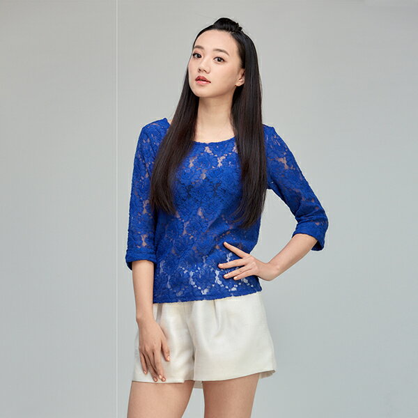 <br/><br/>  【樂芙莉LOVELY】蕾絲縷空7分袖上衣-藍(台灣製)<br/><br/>