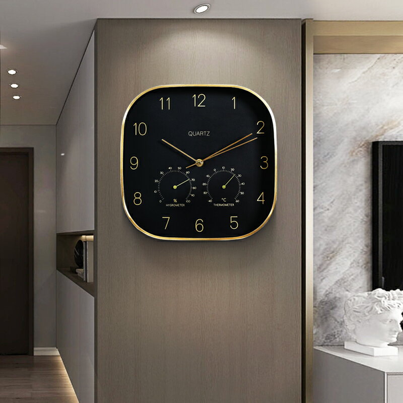 現代方形鐘表多功能帶溫度計時鐘客廳家用簡約掛鐘輕奢時尚掛表