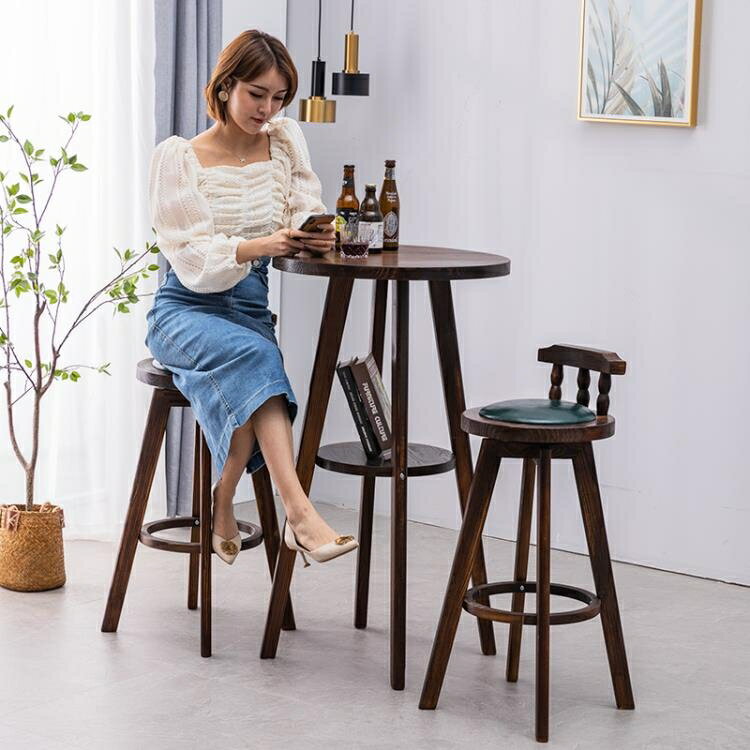 吧檯桌 簡約實木小型圓吧檯陽臺靠窗酒吧桌椅美式商用小高臺桌家用高腳桌