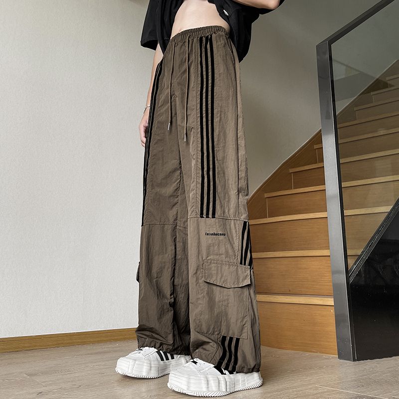 條紋工裝褲男夏季款潮牌美式復古三條槓運動長褲闊腿寬松直筒長褲-享樂
