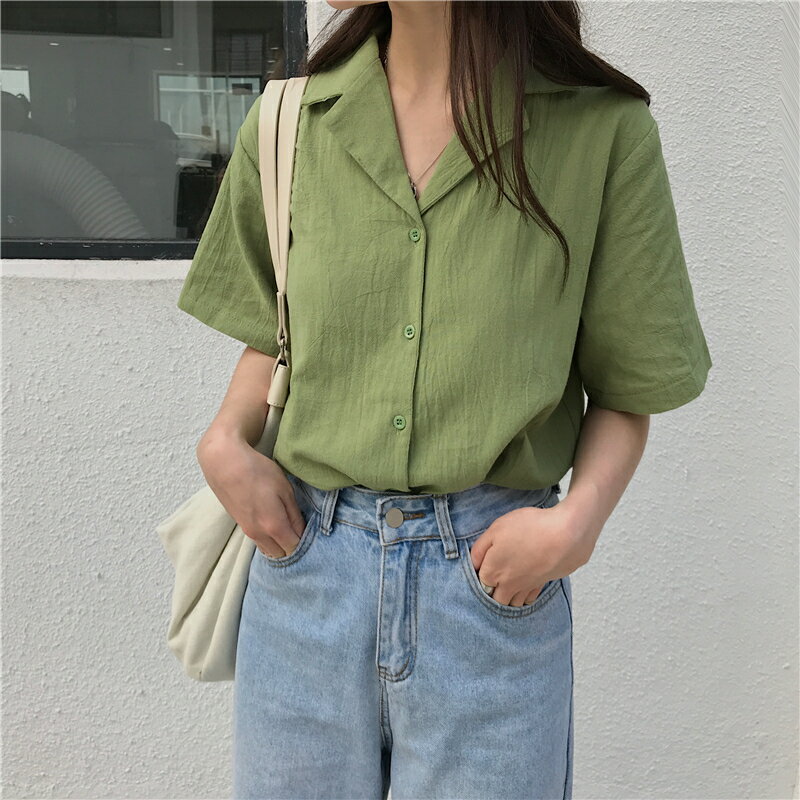 夏季新款韓版chic復古果綠寬松顯瘦短袖簡約百搭純色襯衫上衣1入