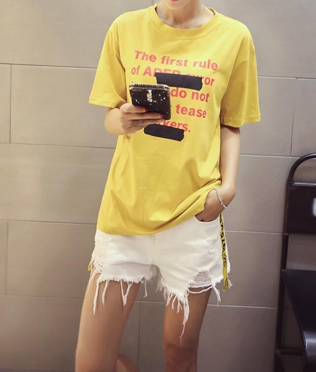 FINDSENSE MD 韓國時尚 女 寬鬆 特色字母印花塗擦 短袖T恤 學生短T 圓領T恤