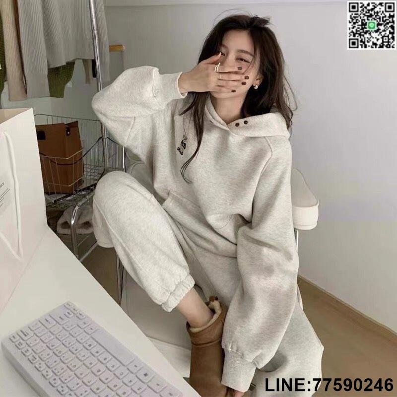 【歡樂購】秋冬新款女裝 兩件式套裝 休閒套裝 小熊寬鬆休閒運動大學T套裝女時尚百搭氣質刷毛加厚兩件套