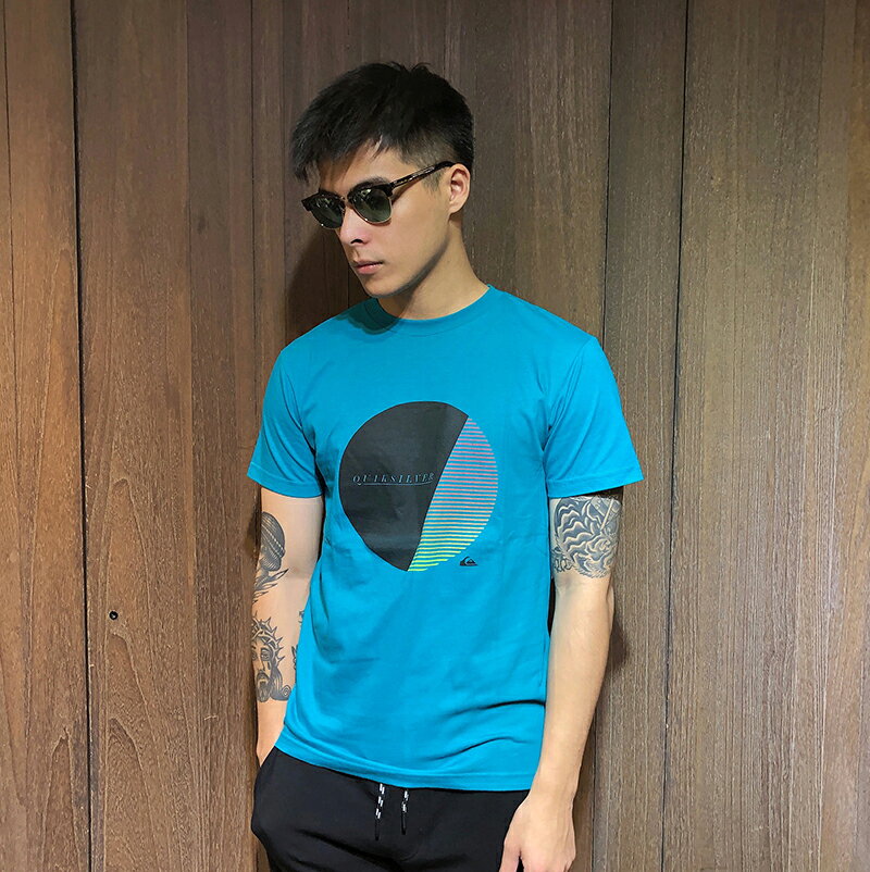 美國百分百【全新真品】Quiksilver 閃銀 T恤 T-shirt 短袖 衝浪 潮流 logo 青藍 S號 G671