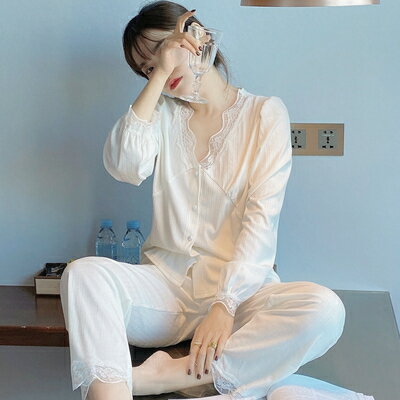 女士性感花邊蕾絲睡衣時尚純棉舒適居家服【聚物優品】