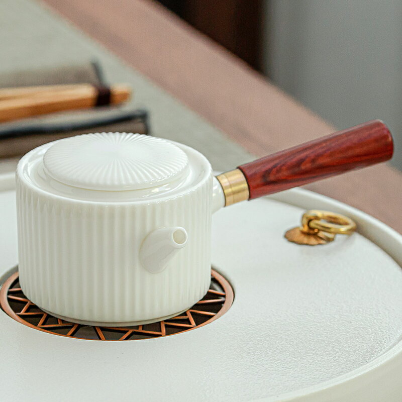 樂天618節~羊脂玉白瓷側把壺德化陶瓷泡茶壺單個實木柄單壺家用功夫茶具套裝 全館免運