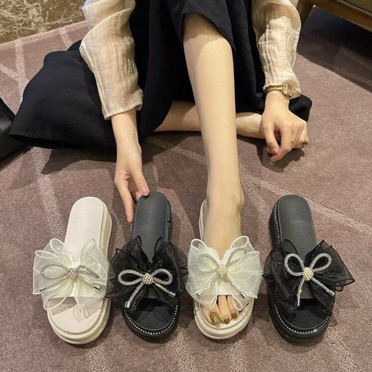 夏季新款厚底拖鞋鬆糕百搭女外穿顯瘦水鉆增高韓版蝴蝶結涼鞋網紅