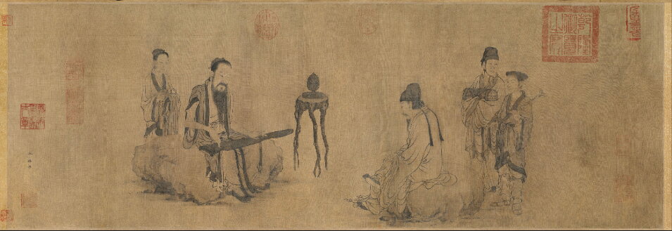 仿古畫名畫復製品元王振朋伯牙鼓琴圖卷30x88釐米人物畫國畫字畫