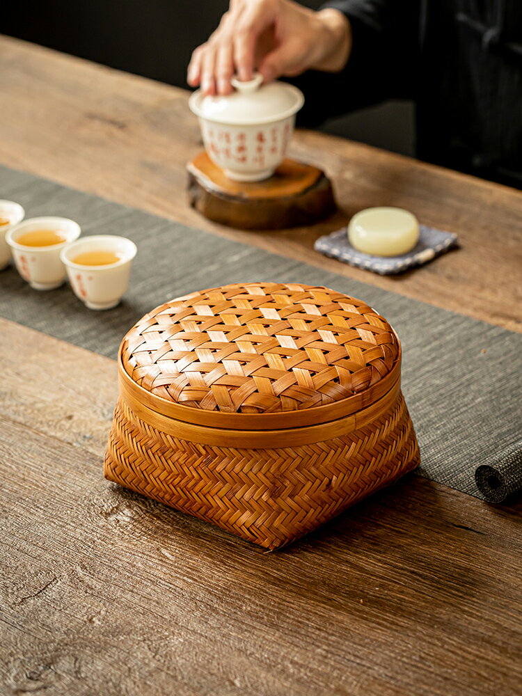 中式圓形復古竹編果盤 家用帶蓋收納盒小號糖果盒茶具收納籃竹籃