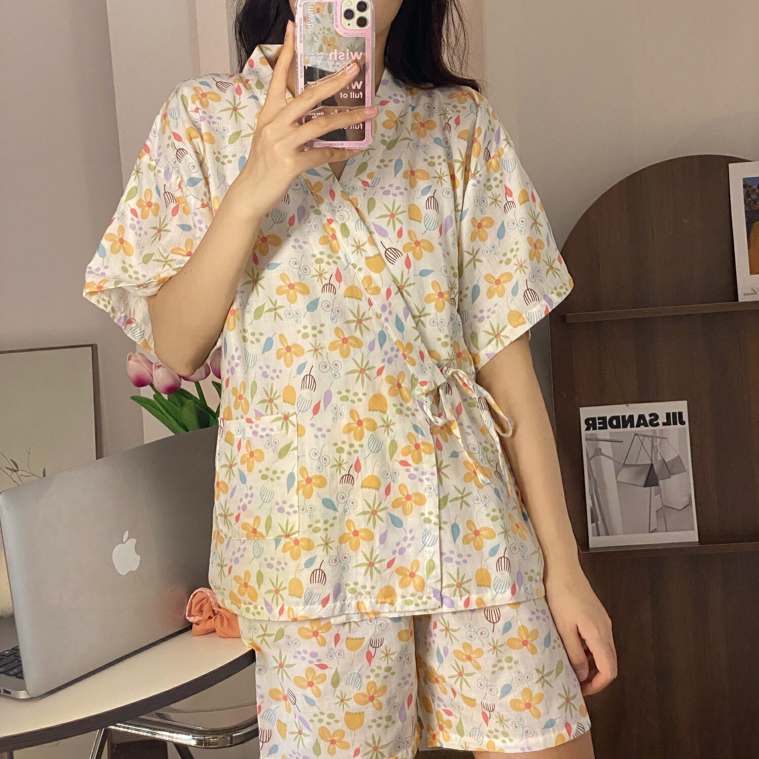 日式和服 日式汗蒸服系帶棉質雙層紗布睡衣女夏短袖短褲甜美印花和服家居服【HZ66828】
