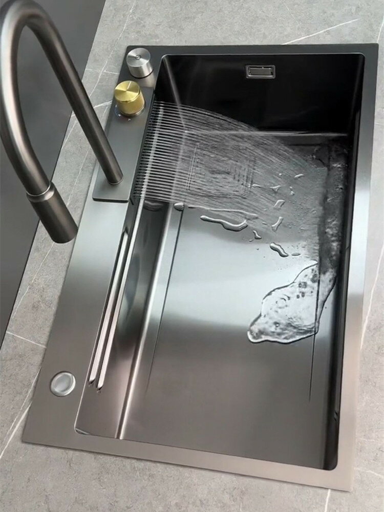 飛雨水槽 瀑佈水槽 流理台 304家用槍灰日式不鏽鋼水槽飛魚瀑布大單槽納米洗菜盆手工洗碗池『ZW8171』