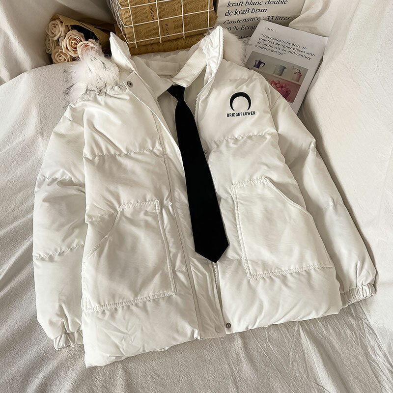 白色中長款毛領棉服女新款冬季薄款外套棉襖設計感小眾棉衣