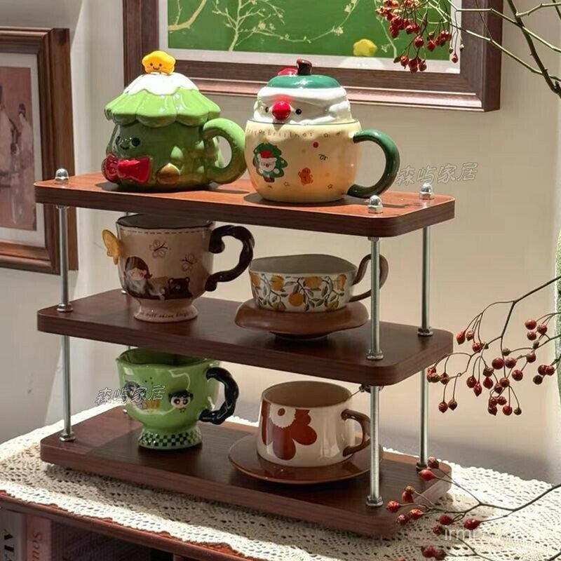 【免運 可開發票】茶具收納架 置物架 中古實木杯架杯子收納置物架咖啡角餐邊櫃廚房桌麵護膚品整理架子