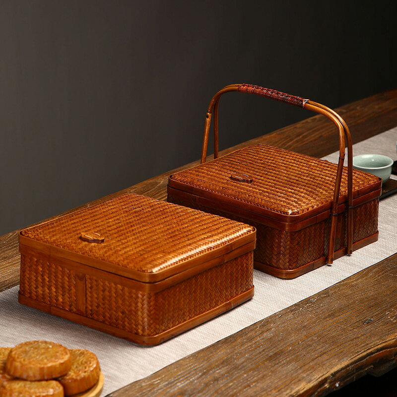 手工竹編提手盒方形圓形收納盒普洱茶盒分茶盒品茶賞茶盒包裝盒| 森霧集 